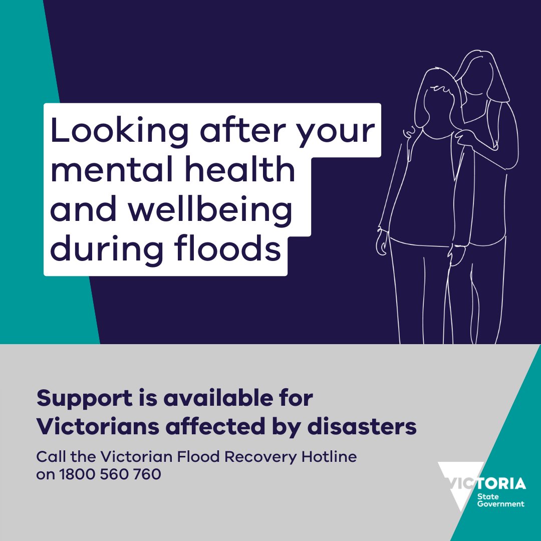 Have you been impacted by the Victorian floods?  

Such events can take a huge toll on your mental health and wellbeing.  
There are  mental health supports available to those who are impacted.  

Call the Flood Recovery hotline on 1800 560 760 or see emergency.vic.gov.au/relief/#genera…