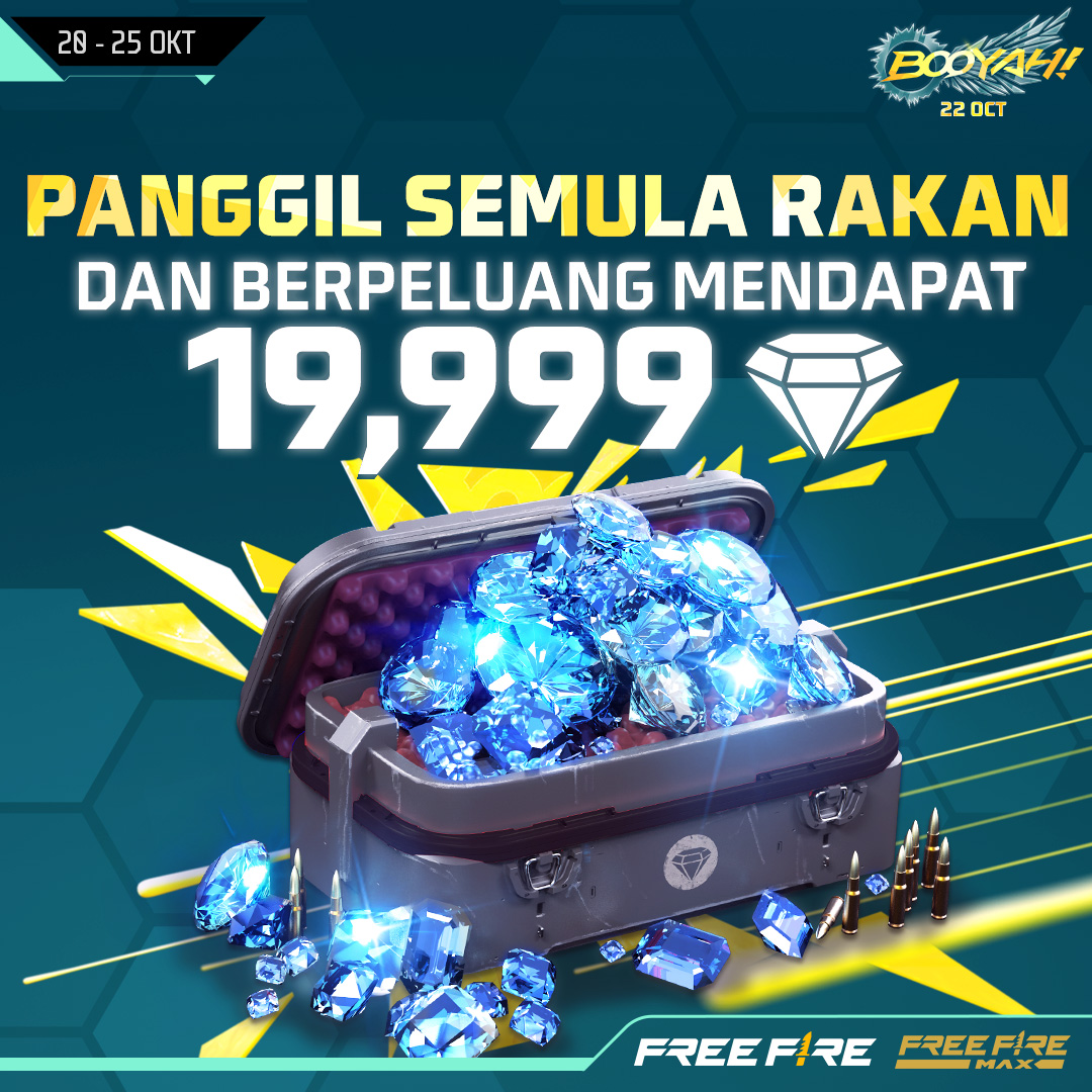 FFMYOfficial's tweet photo. Siapa sahaja yang tidak suka bermain dengan rakan mereka?

Panggil semula rakan-rakan anda pada Booyah Day kali ini dan berpeluang memenangi sehingga 19,999 Diamond! 

#FreeFire #BooyahDay https://t.co/fRevL3exYO