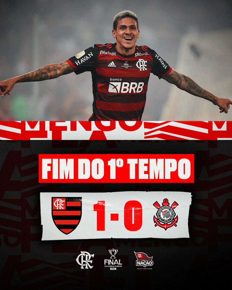 Flamengo's tweet photo. Fim do primeiro tempo! O Mengão vai vencendo o Corinthians por 1 a 0 com gol de Pedro! 

#FLAxCOR #VamosFlamengo https://t.co/CESICze8ut
