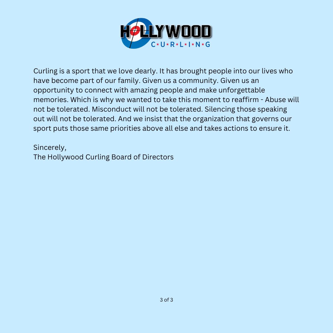 A statement from the Board of Directors on the Yates Report and USA Curling CEO Jeff Plush.