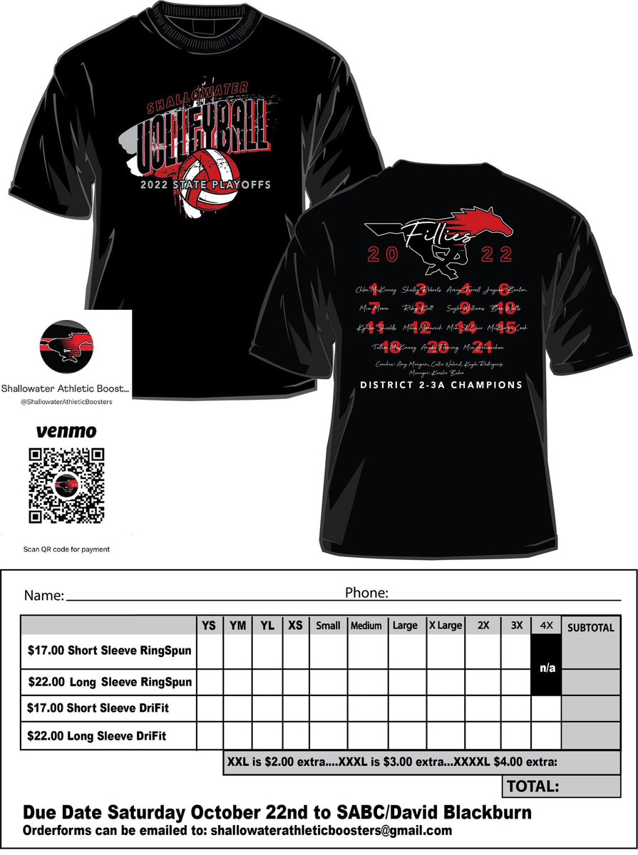 Shallowater Volleyball Playoffs Shirt

Due Date: Saturday, Oct. 22nd to SABC/David Blackburn

Order forms can be emailed to: shallowaterathleticboosters@gmail.com

<a href="/ShallySportsNet/">Shallowater Sports Network</a> | <a href="/shallyvb/">Shallowater vb</a>