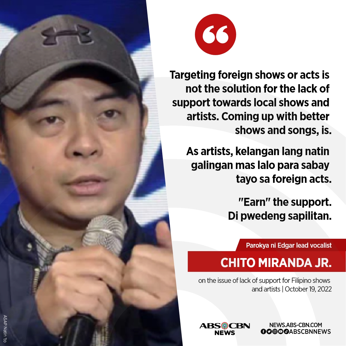 ABSCBNNews's tweet photo. 'EARN THE SUPPORT'

Parokya ni Edgar lead vocalist Chito Miranda Jr. said Pinoy artists should level up their performances instead of blaming international shows for the lack of support in the local entertainment industry.

Read: https://t.co/REqHoik76Z https://t.co/utmGb9bXrJ