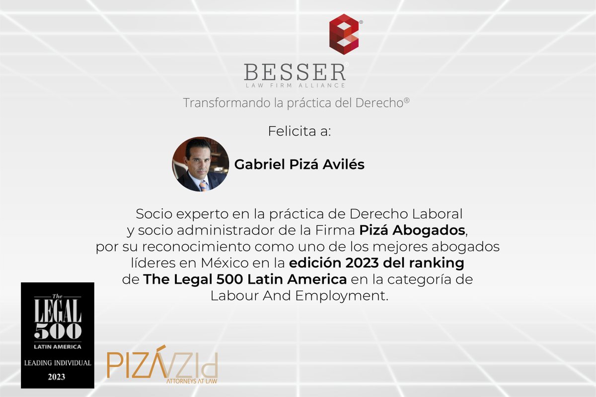 BesserLaw's tweet photo. Besser Law Firm Alliance, S.C.

Felicita a: Gabriel Pizá Avilés

Socio experto en la práctica de Derecho Laboral y Socio Director de Pizá Abogados, por su reconocimiento como uno de los mejores abogados en México en la edición 2023 del ranking de The Legal 500 Latin America. https://t.co/uW0a6O6WV6