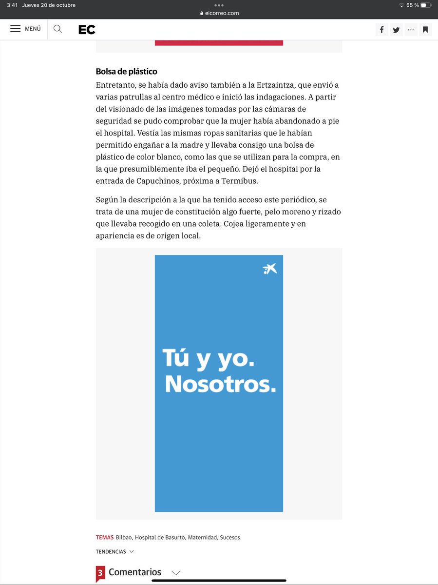 URGENTE: Pongo aquí la NOTICIA ENTERA del #secuestro de un bebé en el #hospitaldebasurto esta noche. Si os habéis topado con una mujer de unos 35 años vestida de Sanitaria, con una bolsa de plástico, cerca de #Termibús comunicadlo a la <a href="/ertzaintzaEJGV/">Ertzaintza</a> #basurto #Bilbao