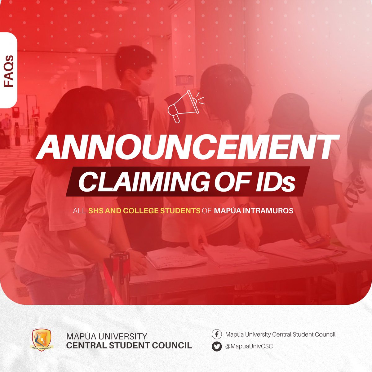 MapuaUnivCSC's tweet photo. 𝐅𝐎𝐑 𝐀𝐋𝐋 𝐒𝐇𝐒 𝐀𝐍𝐃 𝐂𝐎𝐋𝐋𝐄𝐆𝐄 𝐒𝐓𝐔𝐃𝐄𝐍𝐓𝐒 𝐎𝐅 𝐈𝐍𝐓𝐑𝐀𝐌𝐔𝐑𝐎𝐒 𝐂𝐀𝐌𝐏𝐔𝐒

The 𝐫𝐞𝐥𝐞𝐚𝐬𝐞 𝐚𝐧𝐝 𝐜𝐥𝐚𝐢𝐦𝐢𝐧𝐠 𝐨𝐟 𝐬𝐭𝐮𝐝𝐞𝐧𝐭 𝐈𝐃𝐬 will now be located at SW Building in 𝐀𝐕𝐑𝟏 (𝟖 𝐀𝐌 𝐭𝐨 𝟓 𝐏𝐌)𝐮𝐧𝐭𝐢𝐥 𝐎𝐜𝐭𝐨𝐛𝐞𝐫 𝟐𝟏, 𝟐𝟎𝟐𝟐 https://t.co/OYWKfQd1AS