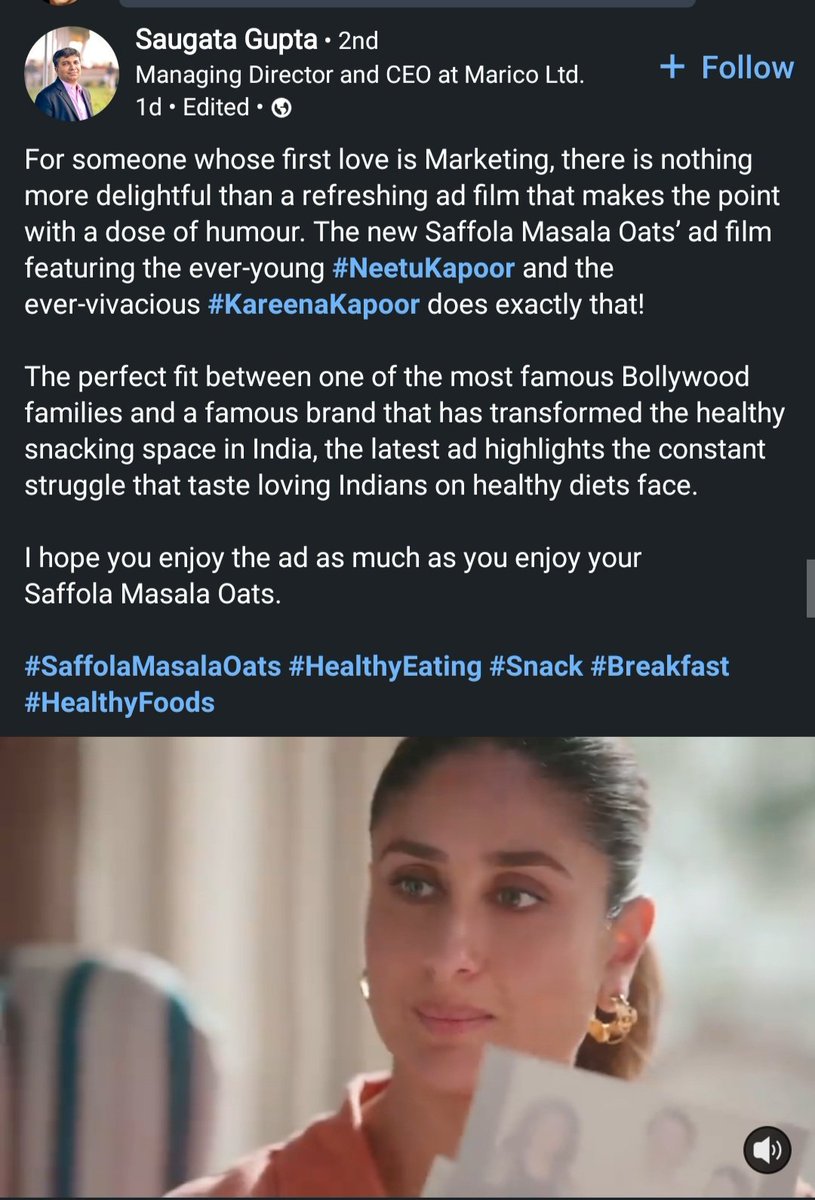 Skyvallker's tweet photo. SelfCongratulations!You're the CEO and MD of the company and you go on LinkedIn to say what a terrific ad you've created. With explanation. Neither product nor the ad has been made with any imagination #stateofLinkedin #Marico #saffola #KareenaKapoorKhan https://t.co/kMOKwmX7Gh