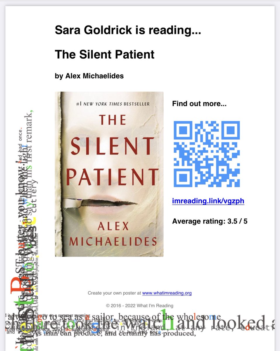 sagold's tweet photo. I just finished reading The Silent Patient by @AlexMichaelides. Loved it! What are you reading? #WhatImReadingWednesday #literacy @RichmondHill_HS @erinhturner @AnnieKiene https://t.co/qcE37RXCXu https://t.co/7jzIdVOmzF