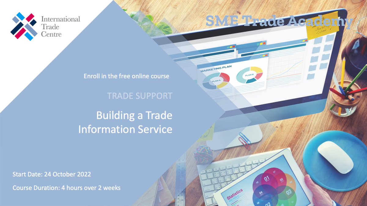 🖥 Knowledge is power for #SmallBusiness! Register now for our #free #elearning course on trade #info #services:

Building a #Trade #Information #Service
learning.intracen.org/course/info.ph…

Creación de un #Servicio de #Información #Comercial (ES)
learning.intracen.org/course/info.ph…

#tradesupport