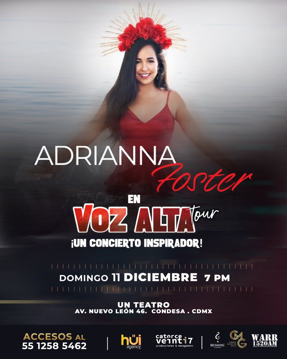¡QUÉ EMOCIÓN! 

Acompáñame a cerrar este 2022 con mucha inspiración en mi concierto EN VOZ ALTA, que dará inicio a la gira 2023, la cita será el próximo 11 de diciembre a las 19 hrs en el foro “Un Teatro” de la Ciudad de México. 

¡Los espero! 🙏🏼💜

#AdriannaFoster  #EnVozAlta