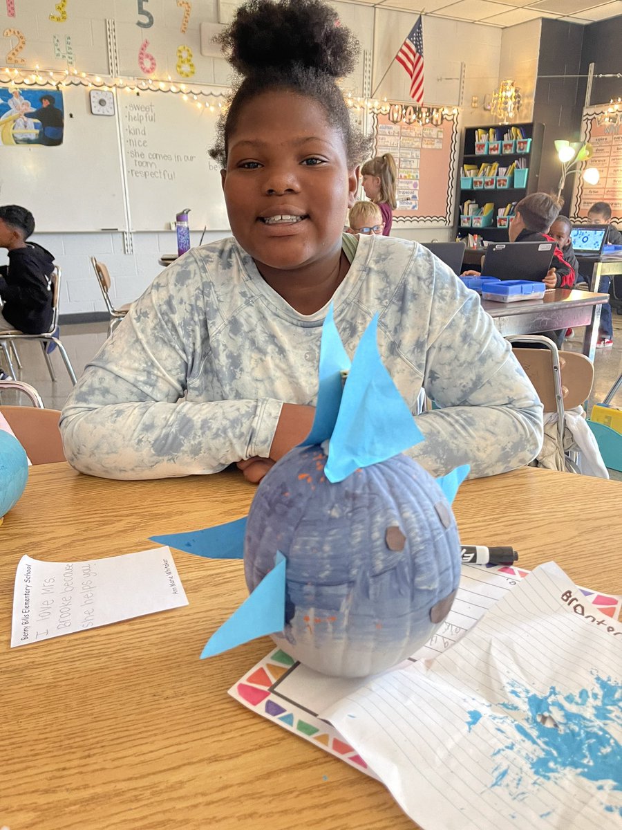 whitaker_am's tweet photo. We used text features to research a shark of our choice, write an informative paragraph about our shark, then painted pumpkins to look like sharks! 3rd grade Module 1 in @WitWisdomELA might just be my favorite! 🦈 https://t.co/beFvvsEjCS