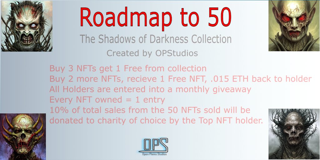 "The Shadows of Darkness" 1/1 #NFTCollection
Roadmap released with amazing offerings 🔥🔥🔥
Come score a fantastic PFP for your collection. 
Priced at 0.015 #ETH on #OpenSea #OPStudios
Link in comments 👇👇👇
