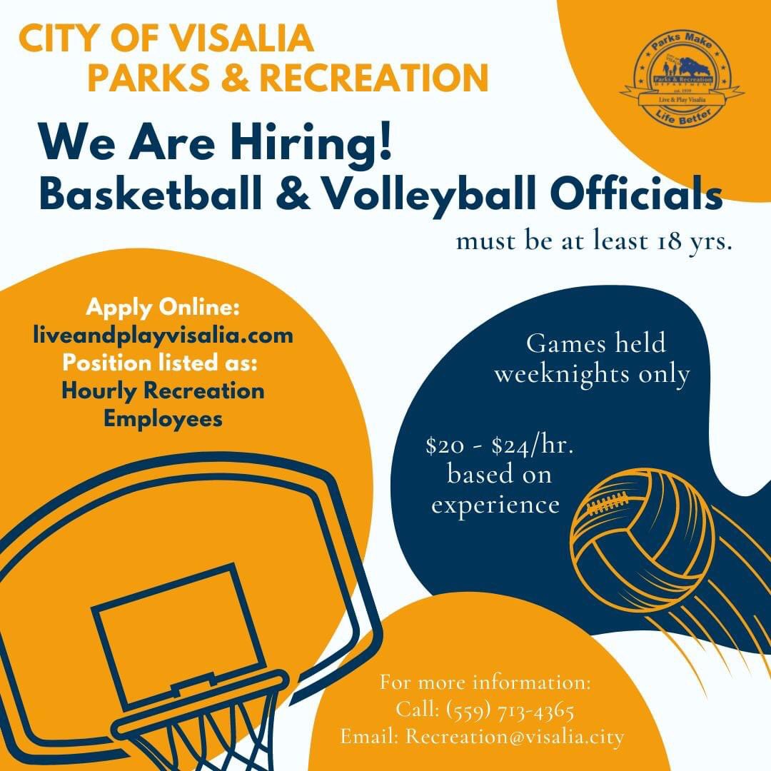 Looking for an evening work opportunity? Look no further! We are hiring committed and excited employees to be Volleyball and Basketball officials. 
Apply online: governmentjobs.com/careers/visali… 
For more information: Call (559) 713-4365