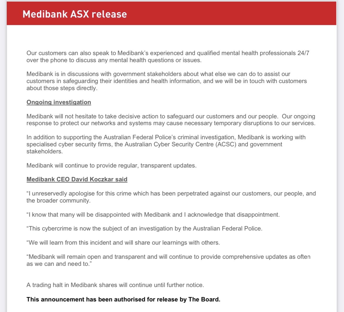 _rockrit's tweet photo. MEDIBANK: Hacker claims to have 200GB of data including medical claims. Has released sample of 100 ahm and international student policies. Claims to have credit card information are so far unverified. @9NewsAUS https://t.co/JDjCm3mP3b