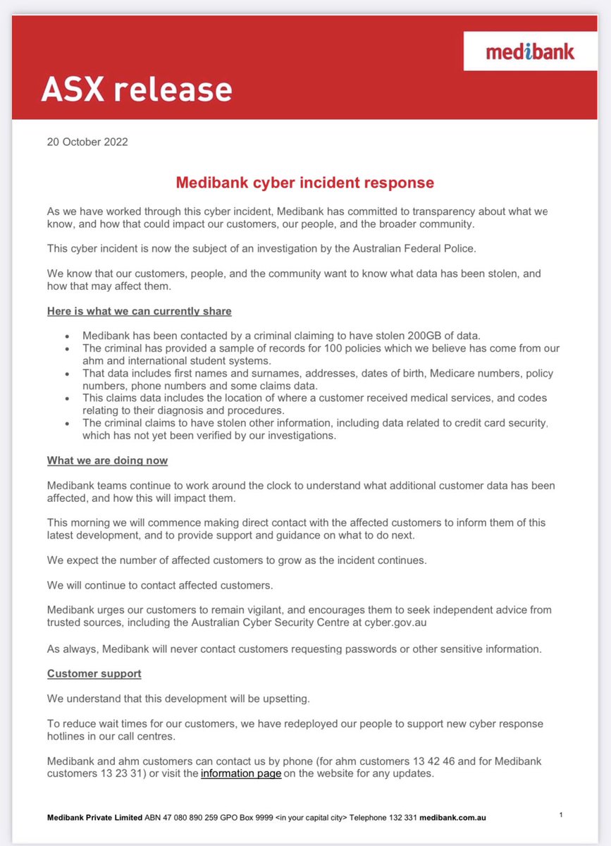 _rockrit's tweet photo. MEDIBANK: Hacker claims to have 200GB of data including medical claims. Has released sample of 100 ahm and international student policies. Claims to have credit card information are so far unverified. @9NewsAUS https://t.co/JDjCm3mP3b