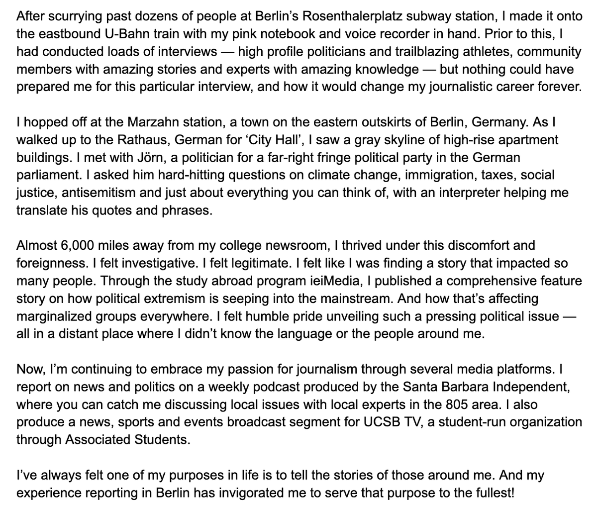 HumansofUCSB's tweet image. 𝐀𝐥𝐞𝐱𝐚𝐧𝐝𝐫𝐚 𝐆𝐨𝐥𝐝𝐛𝐞𝐫𝐠
𝐂𝐨𝐦𝐦𝐮𝐧𝐢𝐜𝐚𝐭𝐢𝐨𝐧 𝐦𝐚𝐣𝐨𝐫/ 𝟒𝐭𝐡 𝐲𝐞𝐚𝐫

"After scurrying past dozens of people at Berlin’s Rosenthalerplatz subway station, I made it onto the eastbound U-Bahn train with my pink notebook and voice recorder in hand ..."