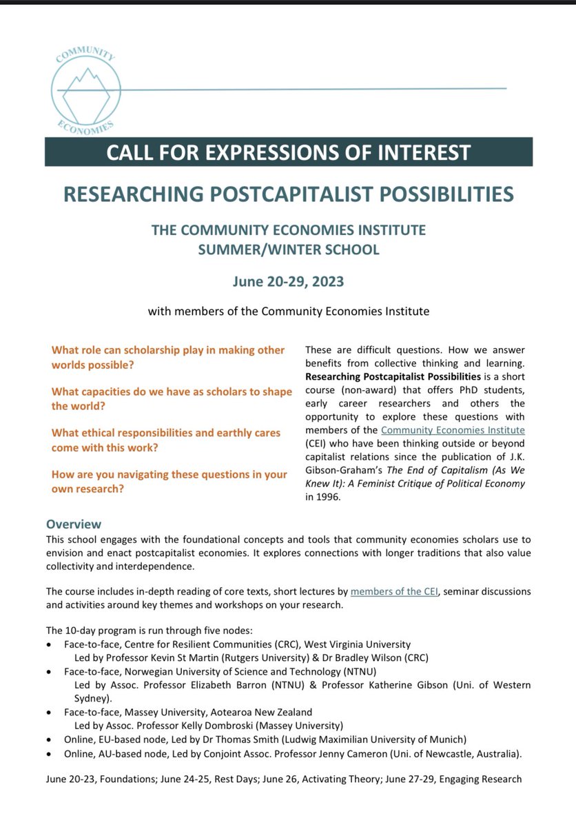 ecmelvin's tweet photo. Attending this course last year was one of the best things I could have done. Highly highly recommend for PhD students or early career scholars interested in researching post-capitalist possibilities. Happy to answer questions if folks are interested in learning more. https://t.co/qFnAmHObty