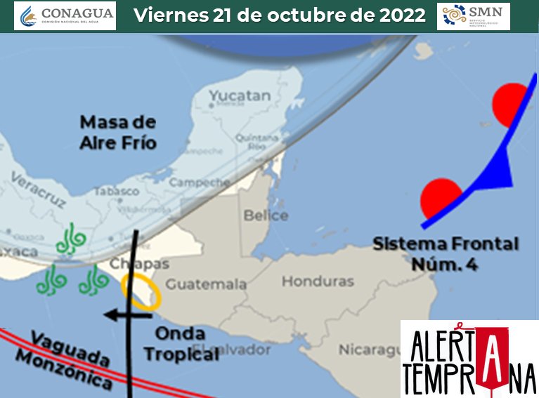 AlertaGt502's tweet photo. 🧵19/10/22
Se espera que el #FF4 y #OT45 se encuentren en Guatemala éste jueves 20/10 dejarán lluvias, vientos nortes y descenso de la temperatura en las siguientes 72 hrs
El domingo se regresan a condiciones normales de la época de fin de año
#ClimaGt #TráficoGt
#TránsitoGt https://t.co/KUeGPBgZoE