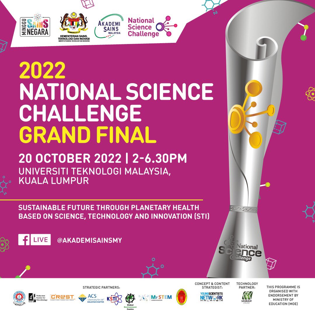nsc_my's tweet photo. The 2022 National Science Challenge Grand Final is today! Join us at Universiti Teknologi Malaysia, KL, to celebrate future STEM talents. Watch the live streaming  from NSC &amp; ASM FB page at 2 pm.

#MSN22 #NSC22 #MerakyatkanSains #MenginsankanTeknologi #STEM https://t.co/JPeWrEirKQ