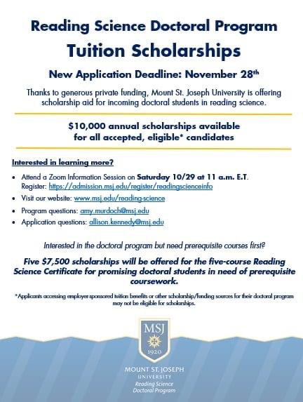 BIG NEWS! MSJ is offering scholarship aid for incoming doctoral students in reading science. An informational meeting will be held on Saturday 10/29 at 11 a.m. EST. Register: admission.msj.edu/register/readi…
