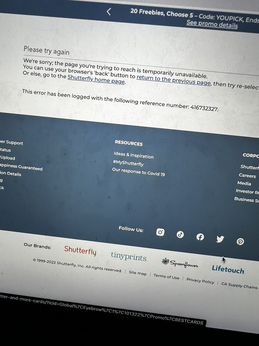 Annelieseface's tweet photo. @Shutterfly trying to get my freebies and almost every product I click gives this error message. What is going on? https://t.co/JV6cgwMkDR
