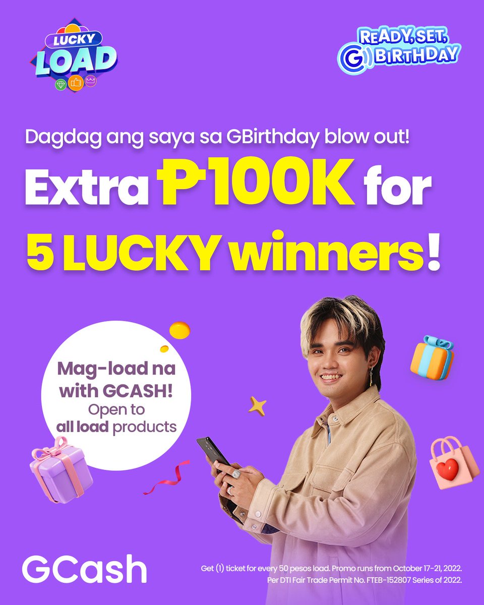 gcashofficial's tweet photo. Dahil GBirthday namin, extra dapat ang saya!
Pipili kami ng 5 lucky load participants to win an additional P100K from us! Mag-Buy Load lang ng at least P50 of any load product sa GcCash. More load transactions, more chances! Panoorin ang FB live draw sa October 22, 3PM. https://t.co/VFjuQz4fl7