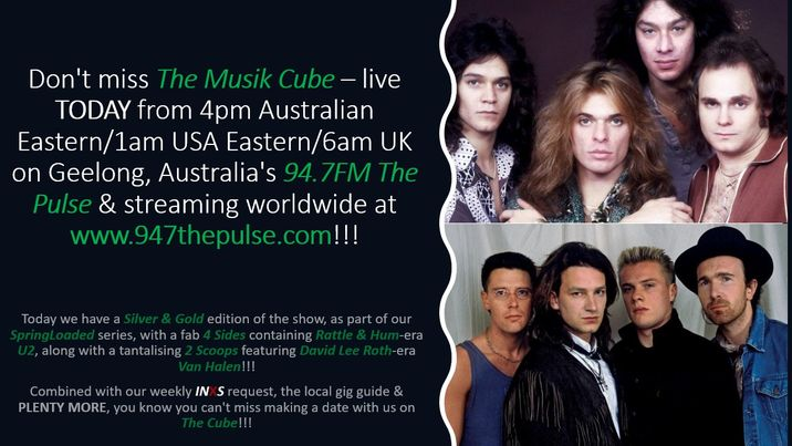 TheMusikCube's tweet photo. #TheMusikCube LIVE from 4pm Australian Eastern/1am USA Eastern/6am UK on @947ThePulse, https://t.co/ISBmoYlgIV & via #CommunityRadioPlus & @TuneIn apps.
#SilverAndGold edition - part of the #SpringLoaded series.
#4Sides - @U2.
#2Scoops - @VanHalen.
Your calls on (03) 5222 5947. https://t.co/2juORWPOqx