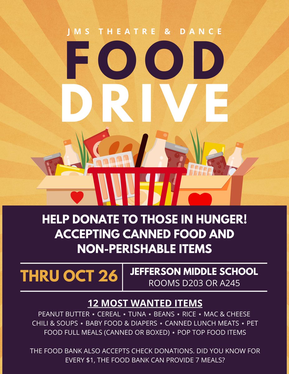 QueenCornwell's tweet photo. Don’t forget to bring your Food Bank donations to the theatre room or to the dance room by next Wednesday! https://t.co/77jMS3ZYcL
