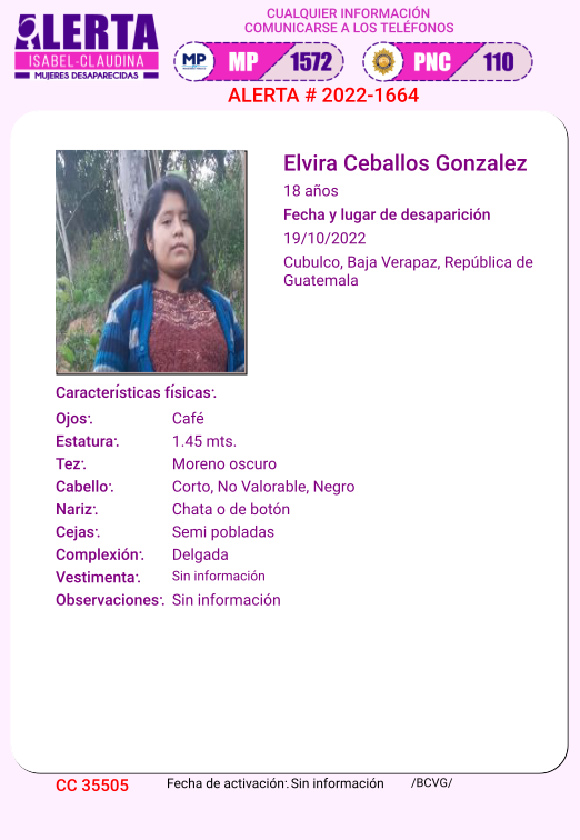 isabel_claudina's tweet photo. #AlertaIsabelClaudina
 Ayúdenos a encontrar
ELVIRA CEBALLOS GONZALEZ
Desapareció el 19  DE OCTUBRE de 2022
Cualquier información comunicarse al teléfono  1572
Gracias por difundir esta información https://t.co/D51Svzr52t