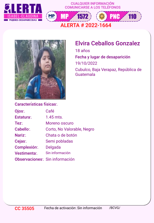 #AlertaIsabelClaudina Ayúdenos a encontrar ELVIRA CEBALLOS GONZALEZ Desapareció el 19 DE OCTUBRE de 2022 Cualquier información comunicarse al teléfono 1572 Gracias por difundir esta información