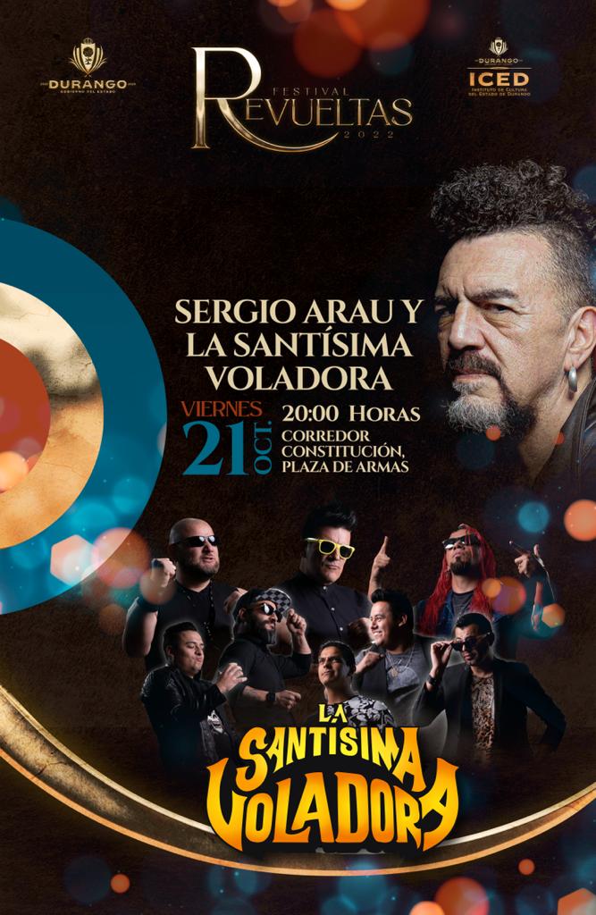 La “Santísima Voladora” llega al Corredor Constitución y Plaza de Armas, teniendo como invitado especial a Sergio Arau. #Música para la noche del #Viernes a las 19:00 hrs. este #FinDeSemana  #VamosAlRevuetas
<a href="/EVillegasV/">Esteban Villegas V.</a> <a href="/iceddgo/">Instituto de Cultura Durango</a> <a href="/dgosectur/">Secretaría de Turismo de Durango</a> <a href="/FPerezMeza/">Francisco Javier Pérez Meza</a>