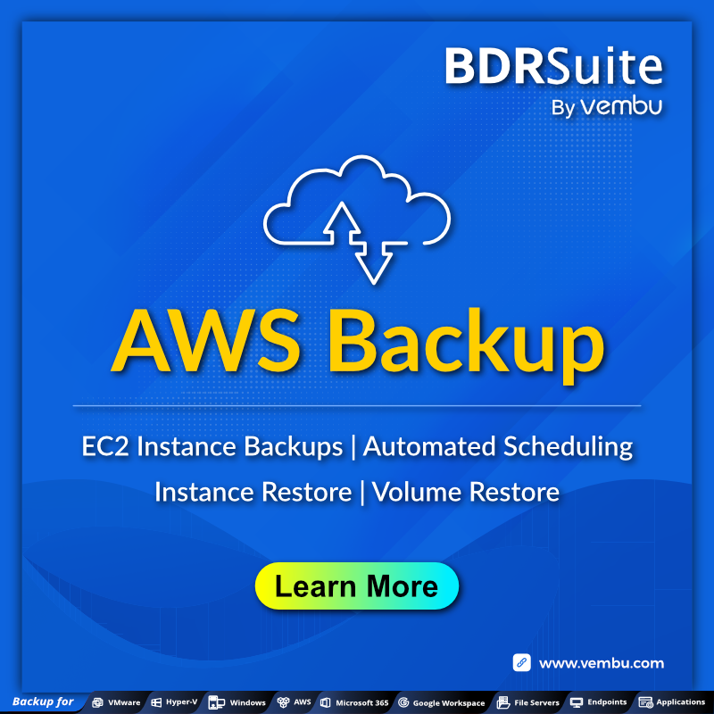 vembutech's tweet photo. Achieve complete data protection for your #AWS #EC2 Instances using Vembu BDRSuite. Automatically backup instances and restore either at instance or volulme level. Click this link to learn more. https://t.co/C0yg0hPQZA
#AWSbackup #EC2instances #dataprotection https://t.co/YGvFRTvEod