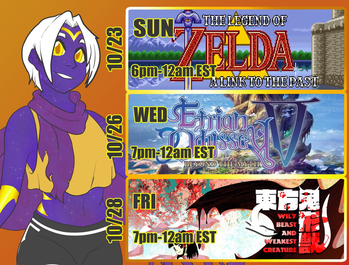 Alrighty, finally put together a full schedule for the debut week, I hope I can see a few folk there for the first week! [WBaWC may or may not be swapped out with other 2hus]