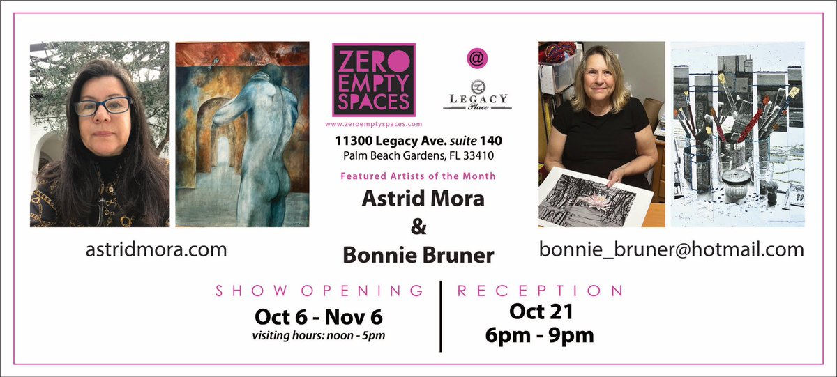 AstridMoral's tweet photo. Join us for our next monthly featured artist reception Friday night @ #ZeroEmptySpaces @shoplegacyplace in #PalmBeachGardens featuring #ResidentArtists #BonnieBruner & @astridmora #UniteUsGroup #PalmBeach https://t.co/C8EpmHEk0d