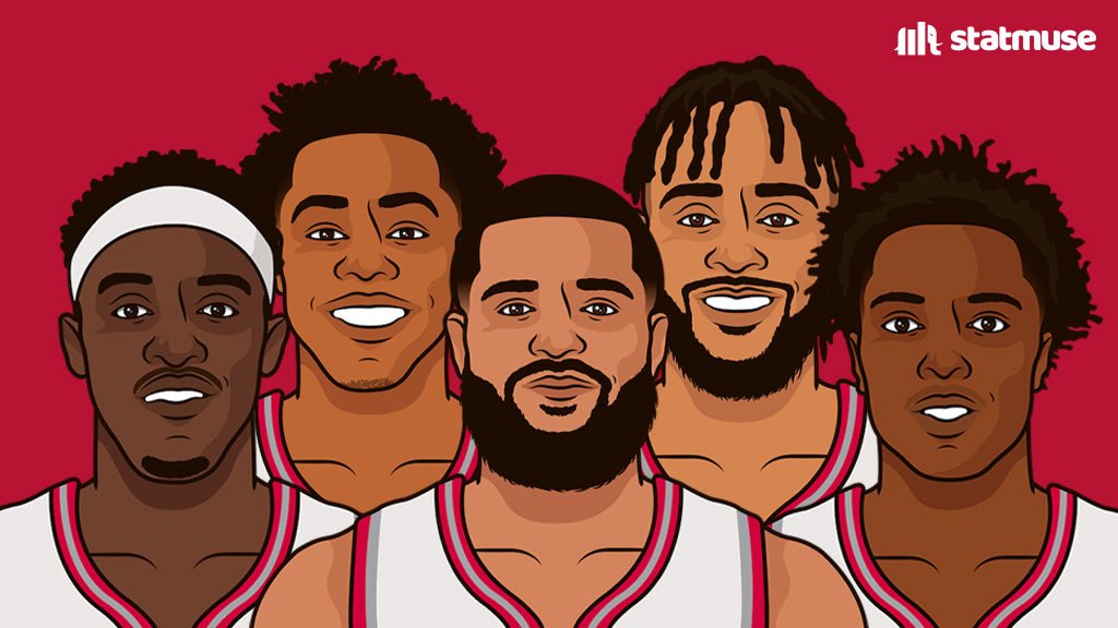 BetweenTheNums's tweet photo. OG Anunoby, Scottie Barnes, Pascal Siakam, Gary Trent Jr., &amp; Fred VanVleet have each scored 15+ points together as starters for the 6th time tonight. 

Only 7 other Starting 5's have done this in NBA History. 
Most recently done by the Phoenix Suns (2004-05). https://t.co/D4qIeMFWGD