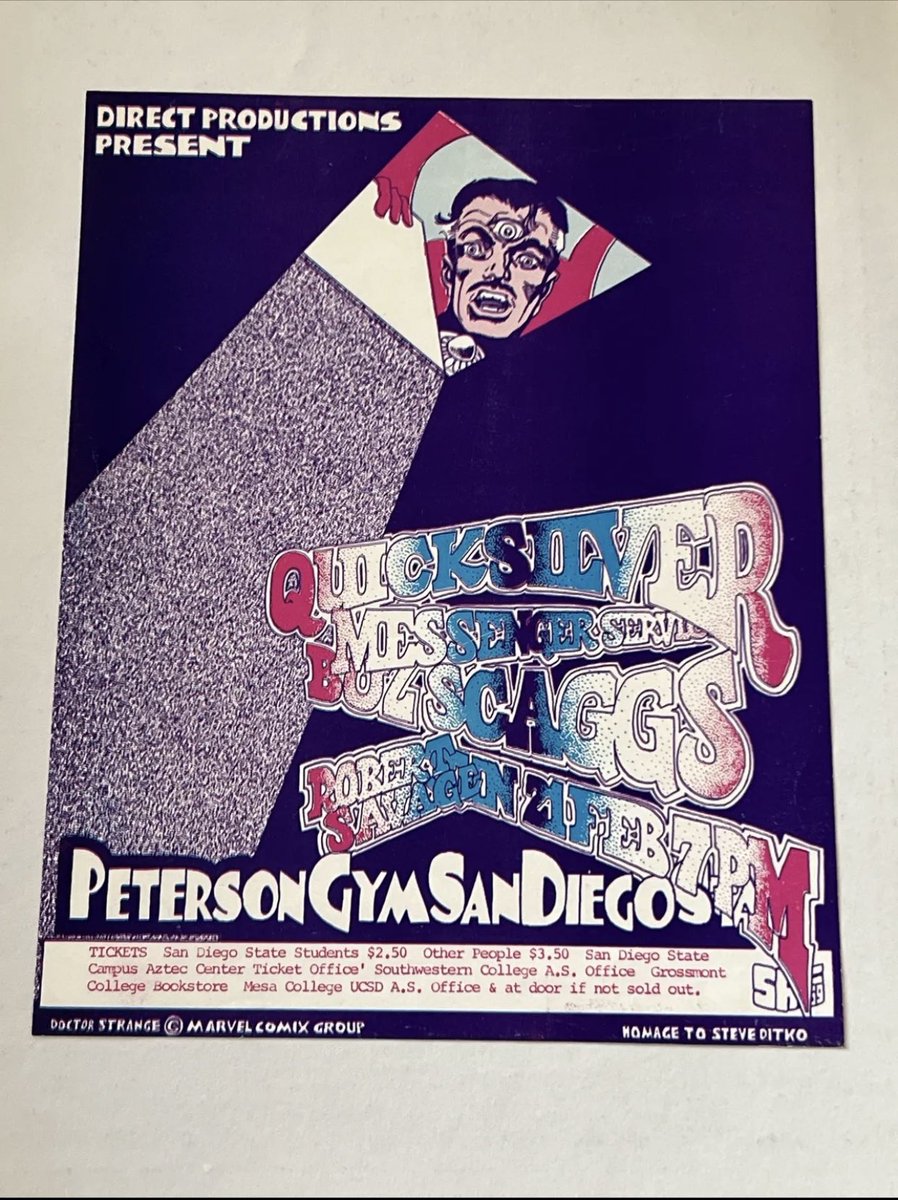 howardhallis's tweet photo. On eBay now: Three eyed #Ditko #DoctorStrange homage flyer for a #QuicksilverMessengerService #BozSkaggs gig. In #SanDiego too! Love it but too much $$ for me. Cool to see one come to market as they are very rare https://t.co/iQilXUEURf