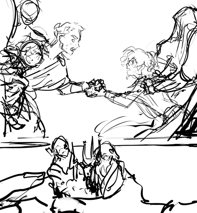 I have so many scraped sketches for the zine that I ended up not using in the story 🥴 They're so messy shout out to you if you can guess whats supposed to be happening in any of these 