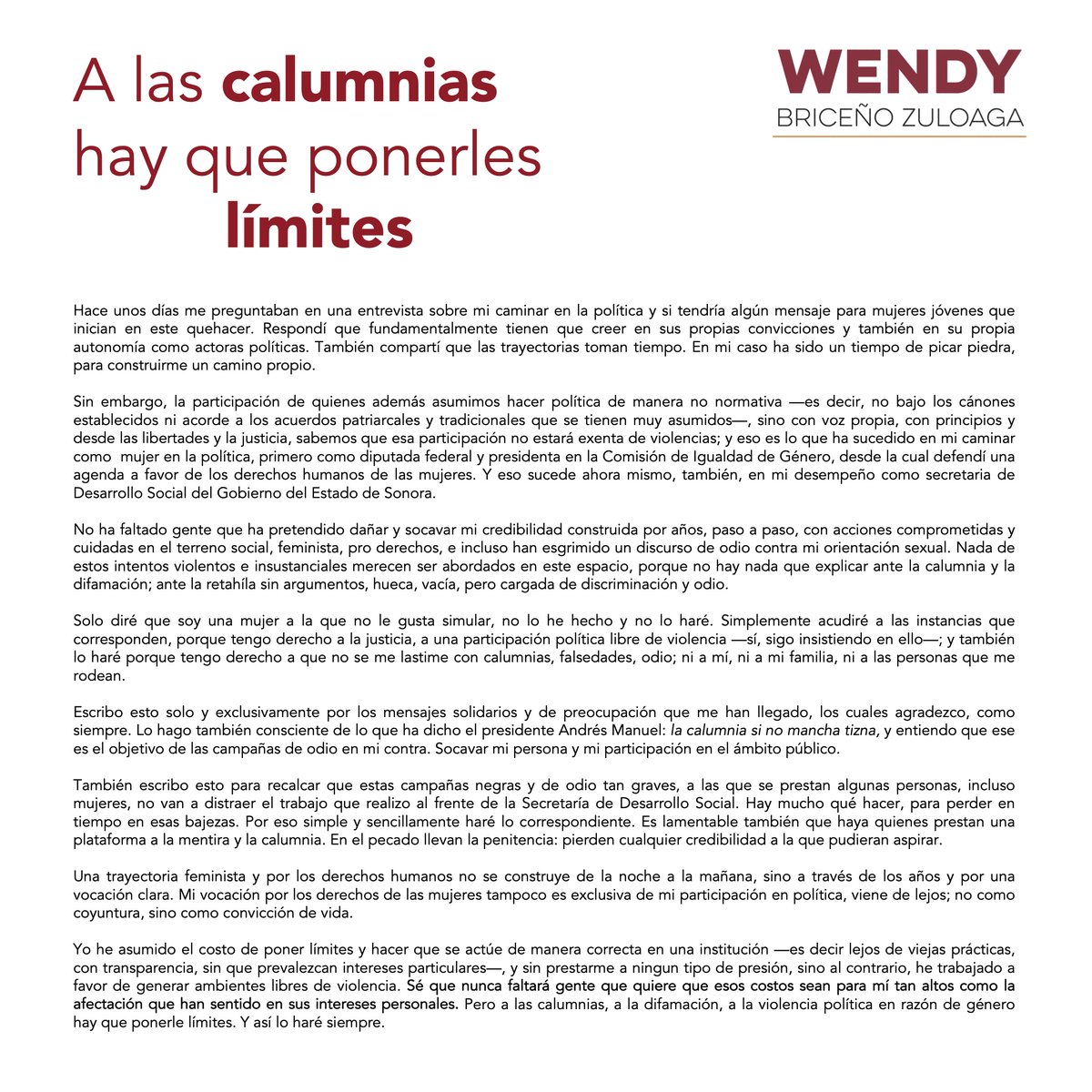 Gracias por sus mensajes solidarios y de preocupación que me han hecho llegar. A las calumnias, a la difamación, a la violencia política en razón de género hay que ponerles límites. Y así lo haré siempre. 
Agradezco que compartan este comunicado.