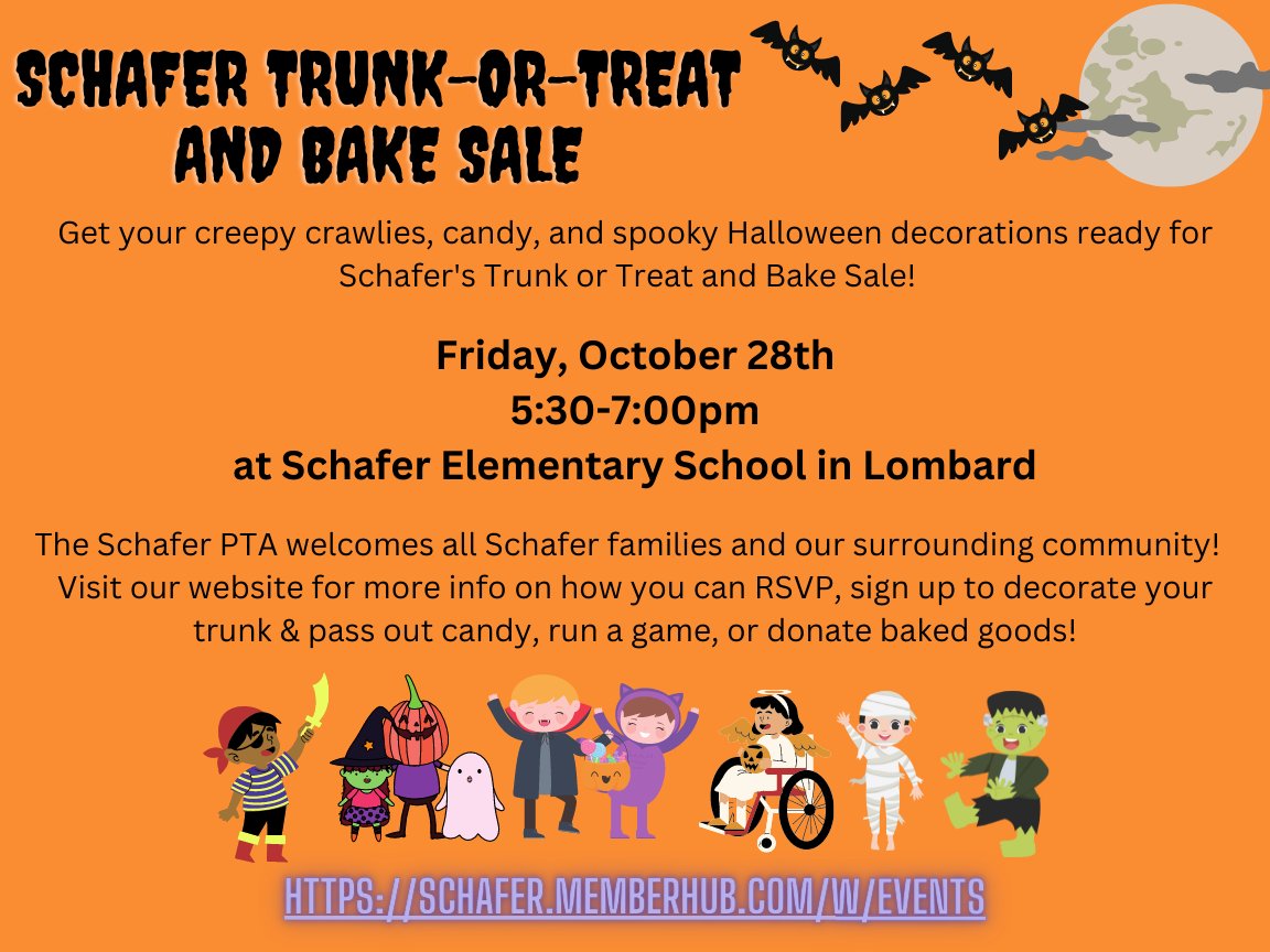 We are just over 1 week away from our Trunk-or-Treat &amp; Bake Sale!

Invite your family, friends, and neighbors to this fun community event - it's open to everyone!

Visit our website for more info: schafer.memberhub.com/w/Events

We can't wait to see everyone for a spooky good time! 👻