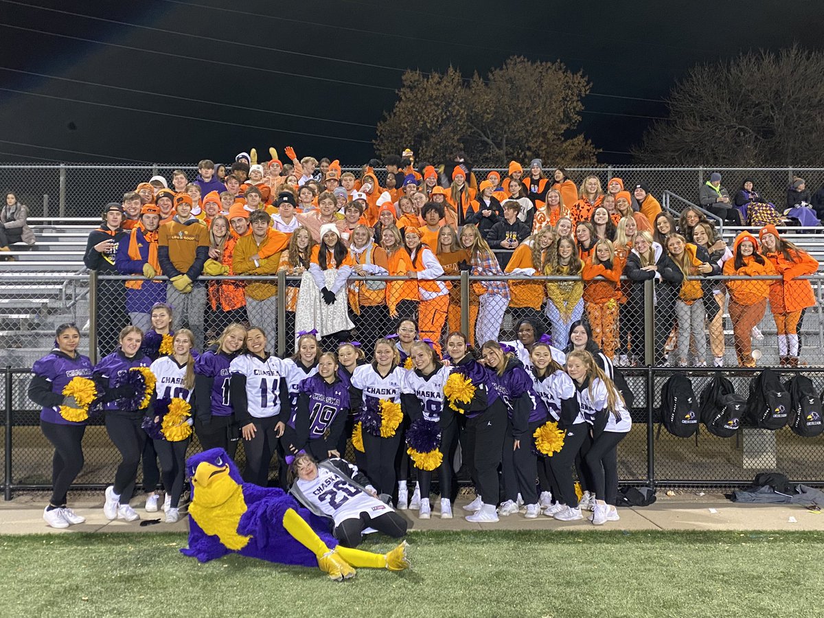 ChaskaHawks's tweet photo. Our @CHSSUPERFANS1 with an “orange-out” dress theme at tonight’s football game. Grateful for St. Louis Park student section who joined in dress theme. #UnityDay to say Bullying Stops Here! #ECCSConnections @ISD112 https://t.co/rp5D3MS6vA