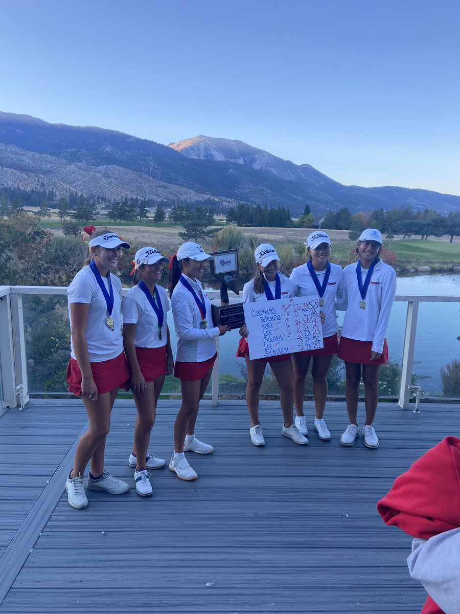coronado_golf17's tweet photo. Lady Cougs capture their 6th state title in the past 8 years with a dominant performance at @toiyabegolfclub 
CHS shot a 36 hole total of 565 (-11) Sophomore Brynn Kort won the individual title firing a 132 (-12) setting a new state record 🔥🏆 #GoCougs https://t.co/8PdGW8WCNu