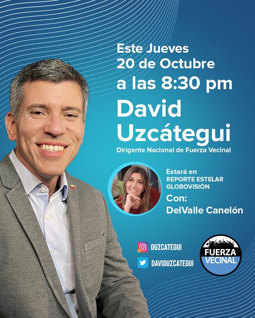 DavidUzcategui's tweet photo. ¡Queridos amigos! Los invito a sintonizar esta noche a las 8:30 pm el programa Reporte Estelar con @CanelonDelvalle en @globovision ¡Espero su sintonía! #20oct https://t.co/hcHJCDovZm