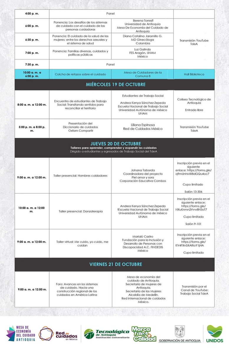 @JauneLu <a href="/tecdeantioquia/">TdeA</a> <a href="/RedCuidadosMx/">Red De Cuidados Mx</a> <a href="/findedis/">FINDEDIS A.C.</a> <a href="/yocuidomexico/">#YoCuidoMéxico</a> Siiiii., Imperdible mañana Jueves 20 oct. 
Programa: Talleres para aprender, comprender y expandir los cuidados...👇
<a href="/RedCuidadosMx/">Red De Cuidados Mx</a> <a href="/CareAntioquia/">MesaEconomíaDelCuidadoMedellinYAntioquia.</a> 
#YoCuido #SoyCuidadora