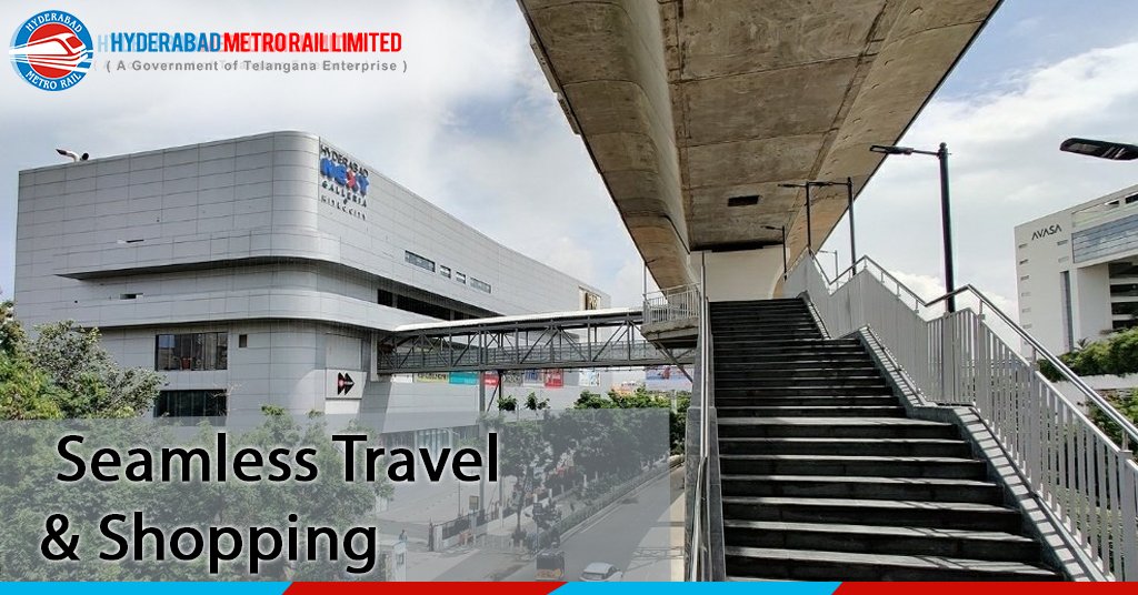 The one-of-its-kind skywalk created from #HitechCityMetrostation connects the Next Galeria mall, offering a unique experience to commuters. #HyderabadMetro #MetroRail #HMR #HMRL #MetroSkywalk #NextGalleriaMall #MetroShopping