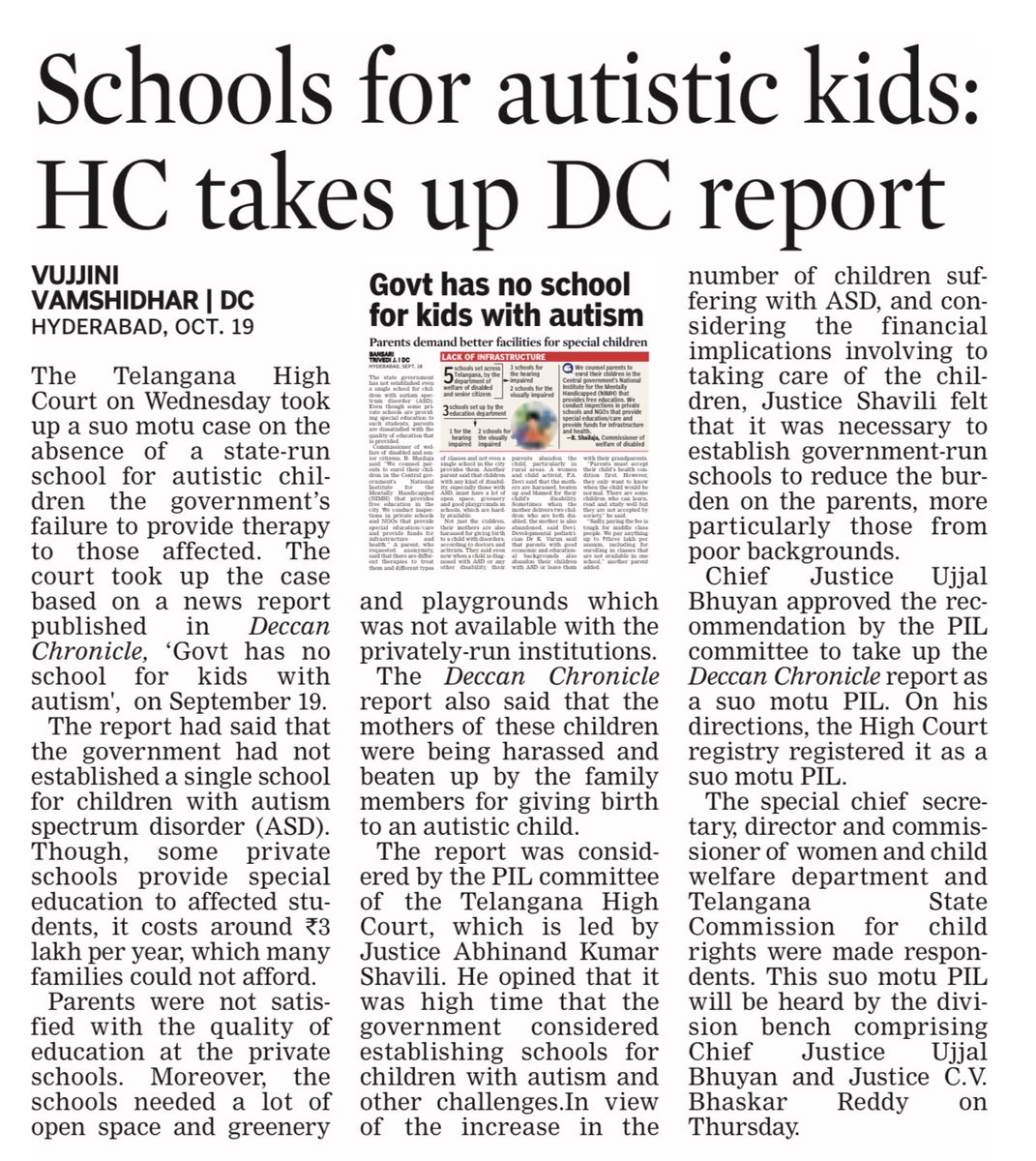 oratorgreat's tweet photo. The #Telangana #HighCourt takes up @DeccanChronicle report on lack of a single school for #autistic kids as a suo moto #PIL https://t.co/AxZItapUCe