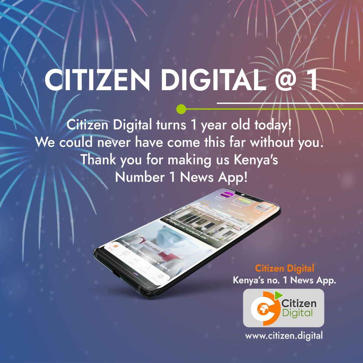 Citizen Digital turns 1! Thank you for making us Kenya's Number 1 News App! To stand a chance to win a holiday for 2 at the Coast or a gift hamper, tweet or post telling us three features you enjoy on the app using #CitizenDigitalAt1 #HappyMashujaaDay