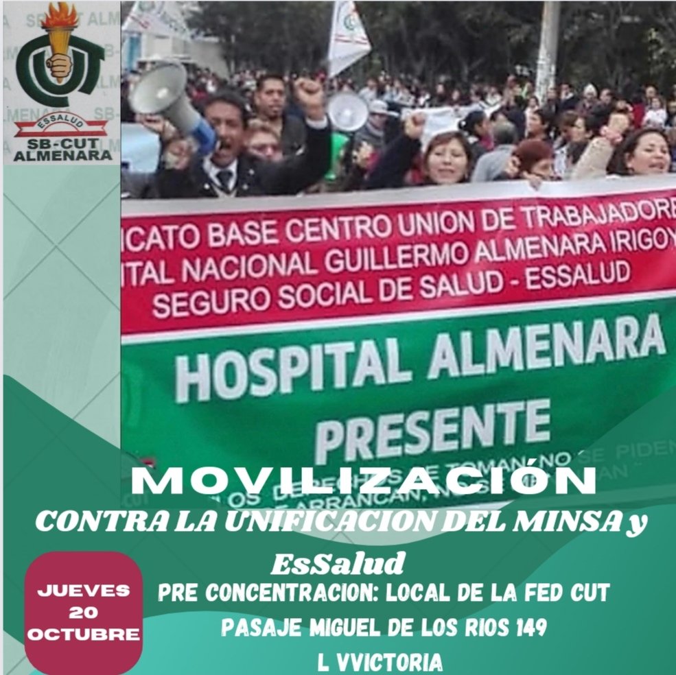 CarlosGuzmanZ1's tweet photo. Convocamos a todos los trabajadores afiliados y no afiliados  a la FED CUT  unirse a nuestra MOVILIZACIÓN contra la Unificación del MINSA y EsSalud defendamos el Seguro Social de Salud contra la Resolución Suprema 018-2022 SA. https://t.co/MqLd6ZaTDm