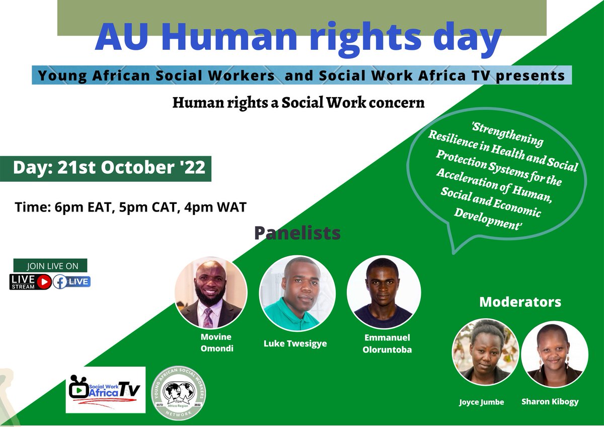 yaswnetwork's tweet photo. Join us as we reflect on 'Human Rights concerns' themed; Strengthening 'Resilience in Health and Social Protection Systems for the Acceleration of Human, Social and Economic Development
#AUHumanRights2022 #socialwork #YASW #sociaworktvafrica #newecosocialworld #LeavingNoOneBehind https://t.co/JqPdTJ8ag6