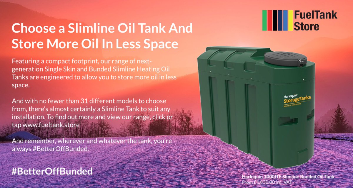 Considering a new Oil Tank? Why not consider a Slimline Tank, engineered to store more oil in less space. And engineered too, to exceed all applicable UK 🇬🇧, Irish 🇮🇪 and European 🇪🇺 standards. Discover the range today at fueltank.store/heating-oil-ta… #BetterOffBunded