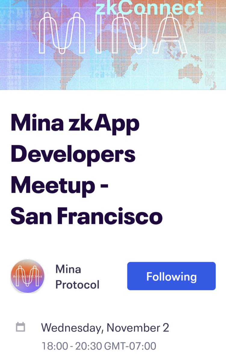 It's a really exciting time in the #zk space and members of the @o1_labs team will be at the next #zkConnect event in San Francisco on Wed 2nd Nov together with @MinaFoundation. There's limited spaces, so be quick and register now. eventbrite.com/e/mina-zkapp-d…