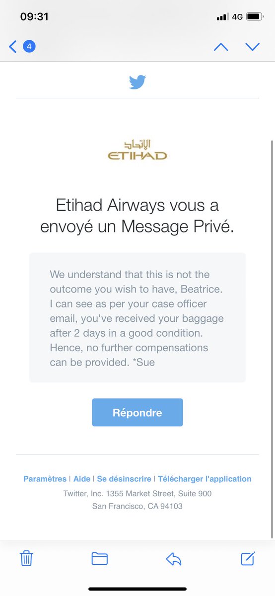 beabarral's tweet photo. @etihad your company dépend of Varsovie &amp; Montréal convention of flight so you must refund extra expenses when you lost your passenger luggage! Arrived on oct 7 / luggage oct 9 your answer is not acceptable! https://t.co/R9WV2GvxJm